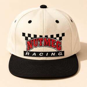 Vintage Nutmeg Racing Snapback Hat Black Ivory Embroidered Logo 90s